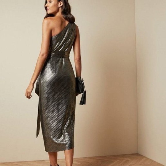 Ted Baker Gabria One Shoulder Drape Midi Dress in Metallic - Picture 2 of 5